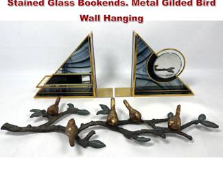 Lot 1053 Modern shelf Lot. Post Modern Stained Glass Bookends. Metal Gilded Bird Wall Hanging