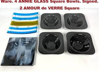 Lot 1046 6pc Artisan Studio Art Glass Table Ware. 4 ANNIE GLASS Square Bowls. Signed. 2 AMOUR de VERRE Square