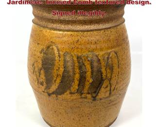 Lot 892 Glazed Earthen Studio Pottery Jardiniere. Incised Comb textured design. Signed illegibly. 