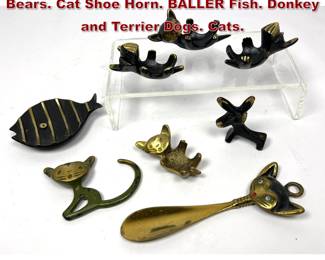 Lot 820 8pc Austrian Bronze Figural Items. Bears. Cat Shoe Horn. BALLER Fish. Donkey and Terrier Dogs. Cats.
