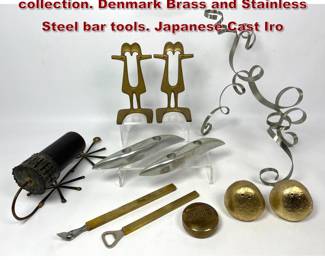 Lot 1072 Mid Century Modern metals collection. Denmark Brass and Stainless Steel bar tools. Japanese Cast Iro