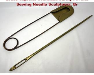 Lot 602 2pc Carl Aubock style Oversized Brass Objects. Oversized Safety Pin and Sewing Needle Sculptures. Br