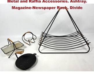 Lot 947 4pc Mid Century Danish Modern Metal and Raffia Accessories. Ashtray. MagazineNewspaper Rack. Divide