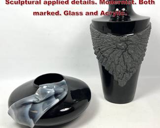 Lot 1057 2pc Van Teal Black Vases with Sculptural applied details. Modernist. Both marked. Glass and Acrylic.