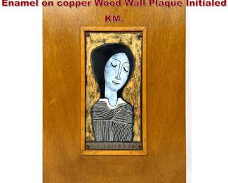 Lot 677 Mid Century Modern Hungarian Enamel on copper Wood Wall Plaque Initialed KM. 