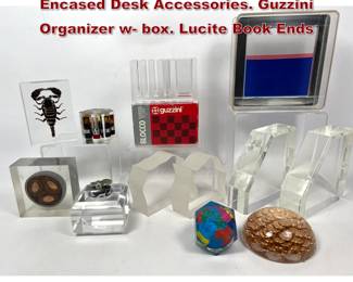 Lot 1039 Modern Design Shelf Lot. Lucite Encased Desk Accessories. Guzzini Organizer w box. Lucite Book Ends