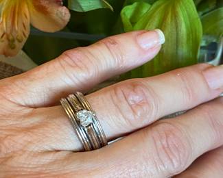 #77 - 14kt White gold ring with three band attached and heart shaped diamonds 3/4 ct. $850