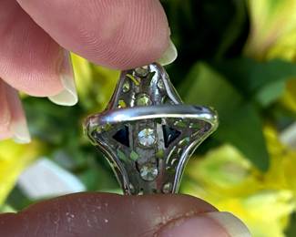 #101 - $1,450. Art Deco Dinner Ring - 18kt white gold filigree, circa 1930's diamonds 0.65 carats - H/1 - Si and 2 trillion sapphires. Size 5.25