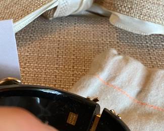 #52 - Alexis Bittar lucite cuff bracelet - black and gold & rhinestone. with original felt bag and card. $130