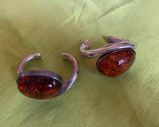 #104 - HJ Zdanowscky (Hanna & Jacek) signed sterling large amber bracelets - 7" wide - Each $280 - Pair $525 