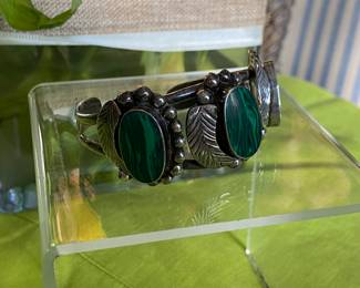 #84 - $96 - Sterling & 3 oval malachite medallion beaded with leaves design - Mexico 925 