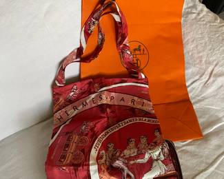 #53 - Hermes silk fold up purse "Jeu Des Omnibus et Dames Blanches" $600 Silk folds into a rouge case for easy storage in purse. 