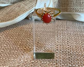 #75 - $250 - 14kt coral & diamond ring 