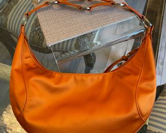 #59 - Longchamps orange satin purse - 2 inside zipper pockets - very good condition - $90