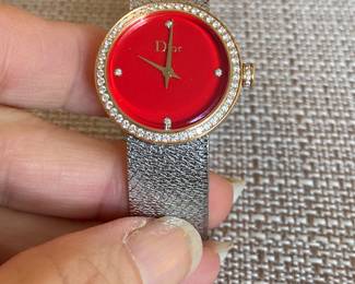 #5 #5 - La D Dior Satine, Christian Dior ladies watch, stainless steel, pink gold bezel with diamonds, red lacquer face 25mm. $3,600.00