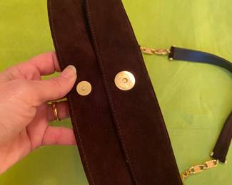 103 - Paloma Picasso brown swede purse in mint condition, transfor to a clutch or small purse.  $120