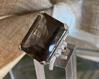 #22 - Large emerald cut smokey topaz & diamonds ring. 14kt gold setting. sz 6.5 - $500 