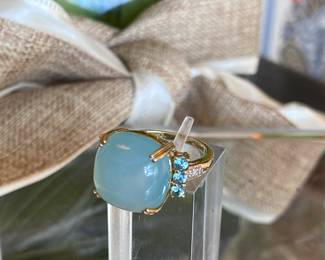 #16 -10kt blue chalcedony cabochon with topaz - SIZE ring - $360