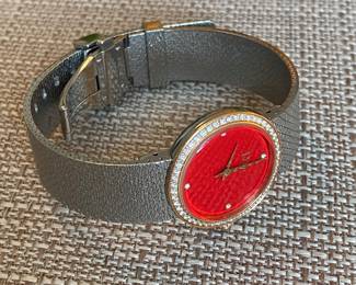 #5 - La D Dior Satine, Christian Dior ladies watch, stainless steel, pink gold bezel with diamonds, red lacquer face 25mm. $3,600.00