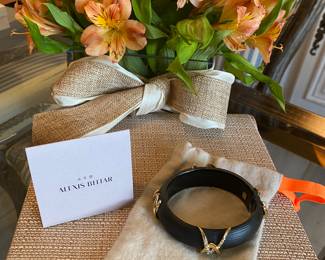 #52 - Alexis Bittar lucite cuff bracelet - black and gold & rhinestone. with original felt bag and card. $130