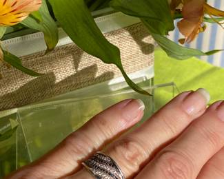 #89 - $220 -14kt white gold large band ring with diamonds - 5 3/4" size 