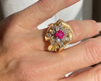 #14 - 14kt yellow ring with white diamond & ruby $1,200