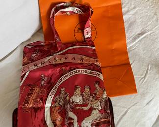 #53 - Hermes silk fold up purse "Jeu Des Omnibus et Dames Blanches" $600 Silk folds into a rouge case for easy storage in purse. 