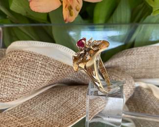 #14 - 14kt yellow ring with white diamond & ruby $1,200