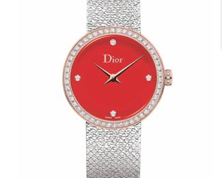 #5 - La D Dior Satine, Christian Dior ladies watch, stainless steel, pink gold bezel with diamonds, red lacquer face 25mm. $3,600.00 (stock picture New $7,400 or 6,200 British pounds.)