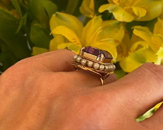 #35 - 14kt yellow gold Amethyst with pearls bezel sz 5 $575	