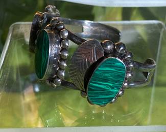 #84 - $96 - Sterling & 3 oval malachite medallion beaded with leaves design - Mexico 925 