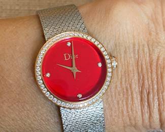 #5 - La D Dior Satine, Christian Dior ladies watch, stainless steel, pink gold bezel with diamonds, red lacquer face 25mm. $3,600.00