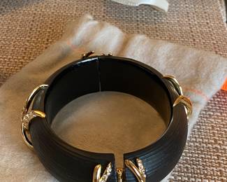 #52 - Alexis Bittar lucite cuff bracelet - black and gold & rhinestone. with original felt bag and card. $130