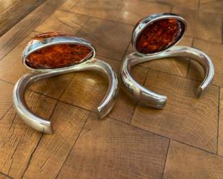 #104 - HJ Zdanowscky (Hanna & Jacek) signed sterling large amber bracelets - 7" wide - Each $280 - Pair $525 SOLD bracelet to the Left 
