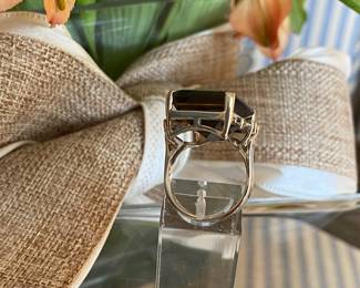 #22 - Large emerald cut smokey topaz & diamonds ring. 14kt gold setting. sz 6.5 - $500 