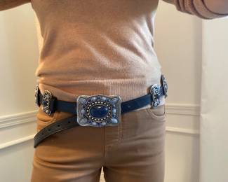 #56 - Concho belt - stainless leather - adjust 37 to 43 waist on hips. $100