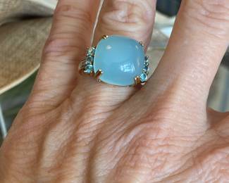 #16 -10kt blue chalcedony cabochon with topaz - SIZE ring - $360
