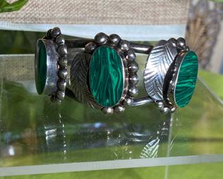 #84 - $96 - Sterling & 3 oval malachite medallion beaded with leaves design - Mexico 925 