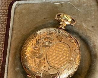 #24 - Ladies pocket watch 14kt purchased MC Court Michigan in orginal box. Runs. $800