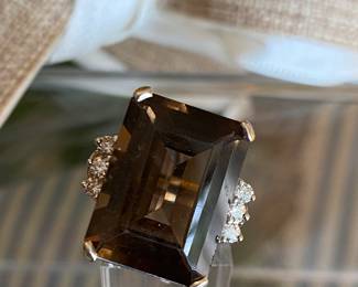 #22 - Large emerald cut smokey topaz & diamonds ring. 14kt gold setting. sz 6.5 - $500 