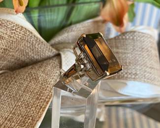 #22 - Large emerald cut smokey topaz & diamonds ring. 14kt gold setting. sz 6.5 - $500 