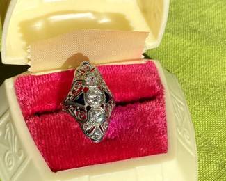 #101 - $1,450. Art Deco Dinner Ring - 18kt white gold filigree, circa 1930's diamonds 0.65 carats - H/1 - Si and 2 trillion sapphires. Size 5.25