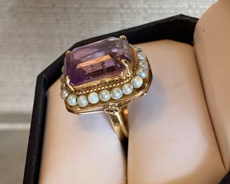 #35 - 14kt yellow gold Amethyst with pearls bezel sz 5 $575	