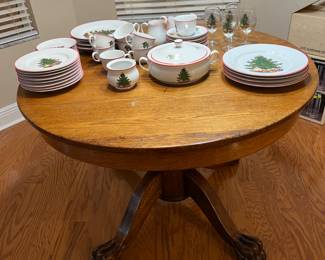 Christmas dishes (sold), antique pedestal table