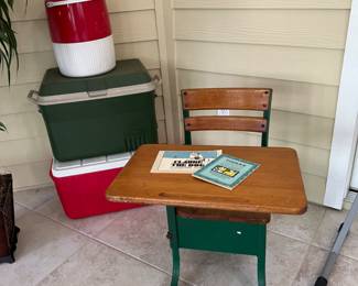 School child’s desk, various coolers