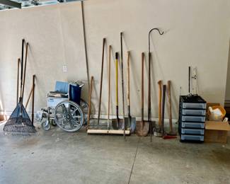 Yard tools, fishing rods, wheelchair 