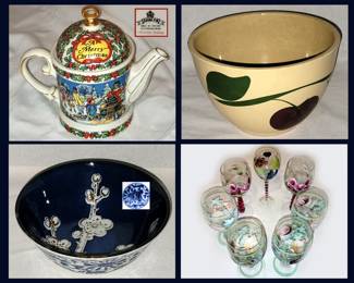 Sadler Christmas Teapot, Vintage Apple Bowl, Pretty Blue and White Bowl Japan and Hand Painted Stemware 