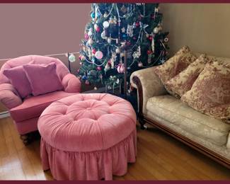 One of Two Large Decorated Christmas Trees, One of Two Matching Sofas and Comfy Chair with Large Poofy Ottoman