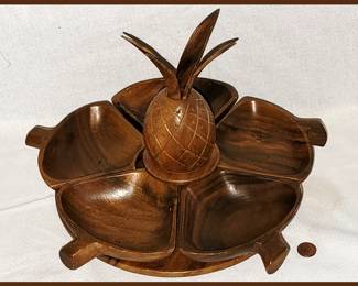 Mid Century Wooden Lazy Susan with Pineapple