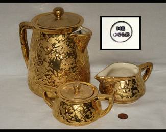 Mid Century Modern Teapot and Sugar and Creamer Marked 24K Gold, Unmarked McCoy?